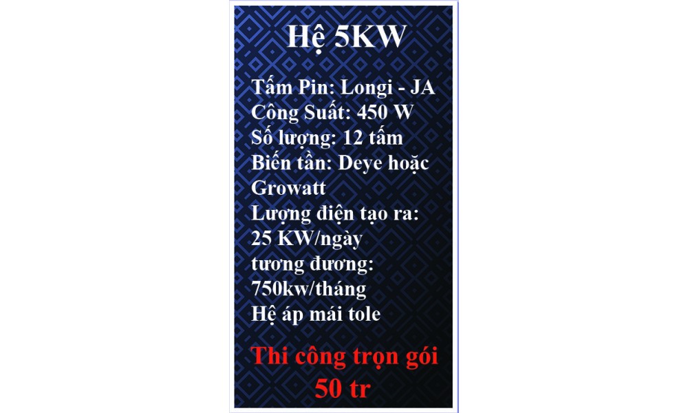 Bảng giá điện năng lượng mặt trời hệ hòa lưới bám tải 5 kw