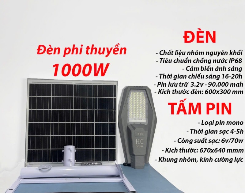 Đèn năng lượng mặt trời 1000 W – Đèn phi thuyền công suất lớn IP65/68, pin lưu trữ mạnh